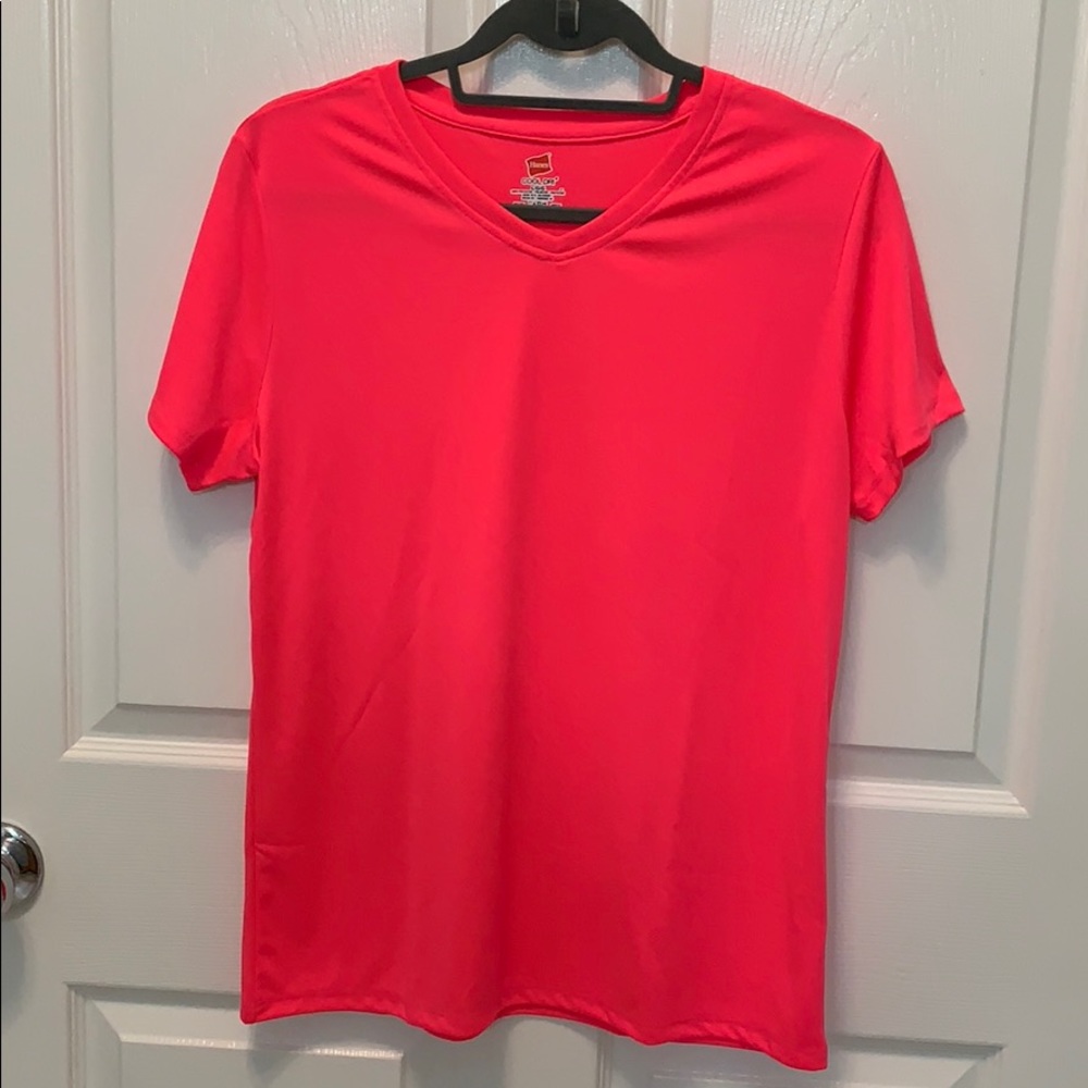 pink Hanes cool dri V neck t-shirt
